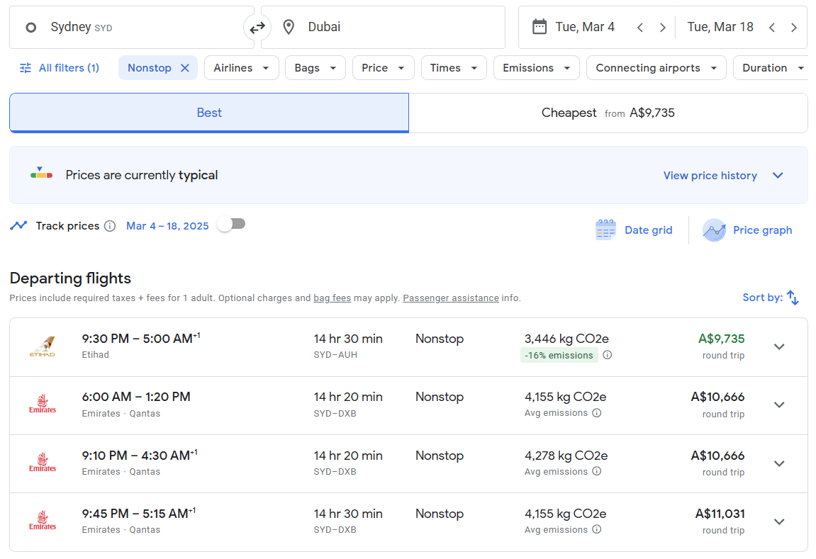 Business Class Flights from Sydney Australia to United Arab Emirates
